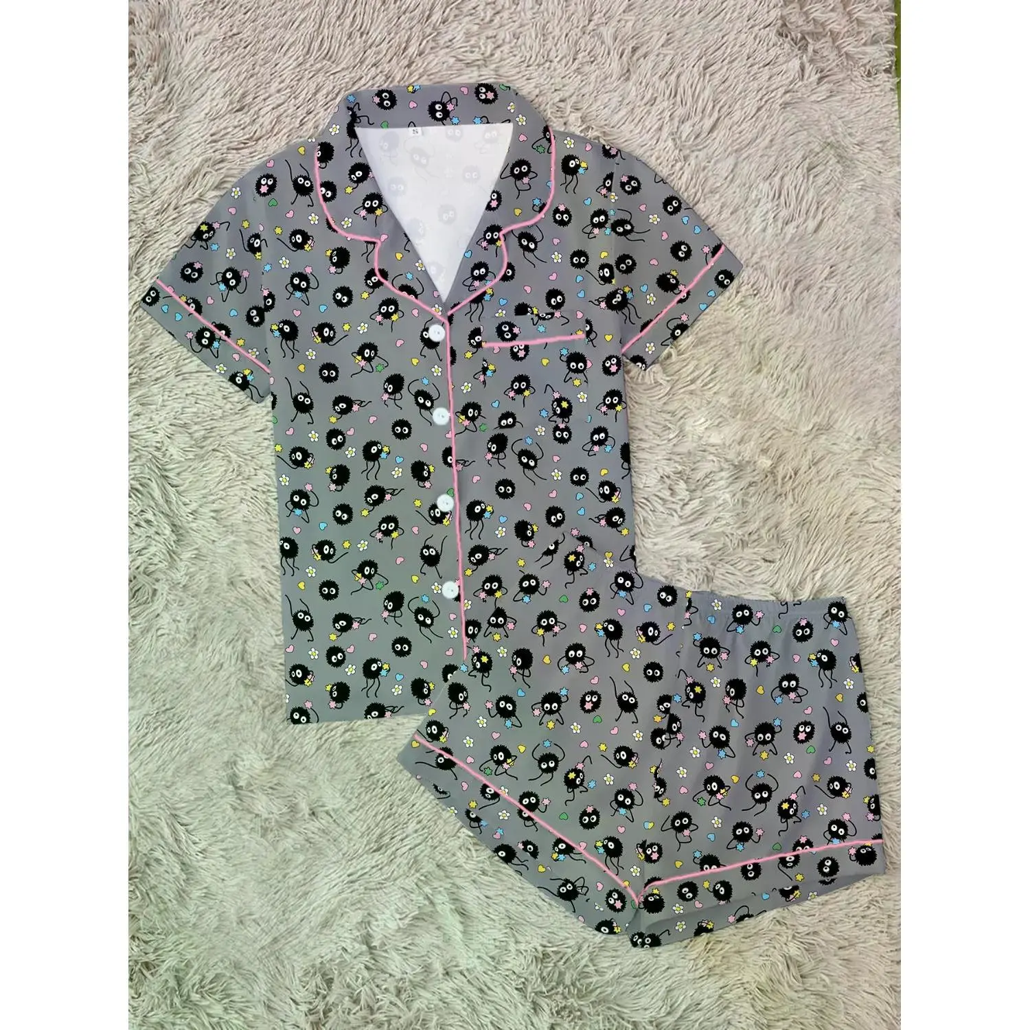 Women's Soot Sprites Cartoon Print Pajama Set: Comfortable Two-Piece Sleepwear with Short Sleeve Button-Up Top and Elastic Shorts, Casual Collared Loungewear