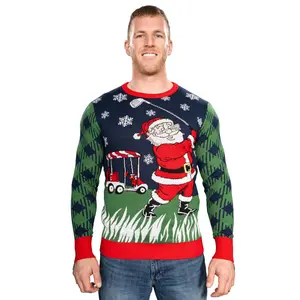 Golfing Santa Claus Playing Golf Snowflakes Knitted Ugly Christmas Sweater