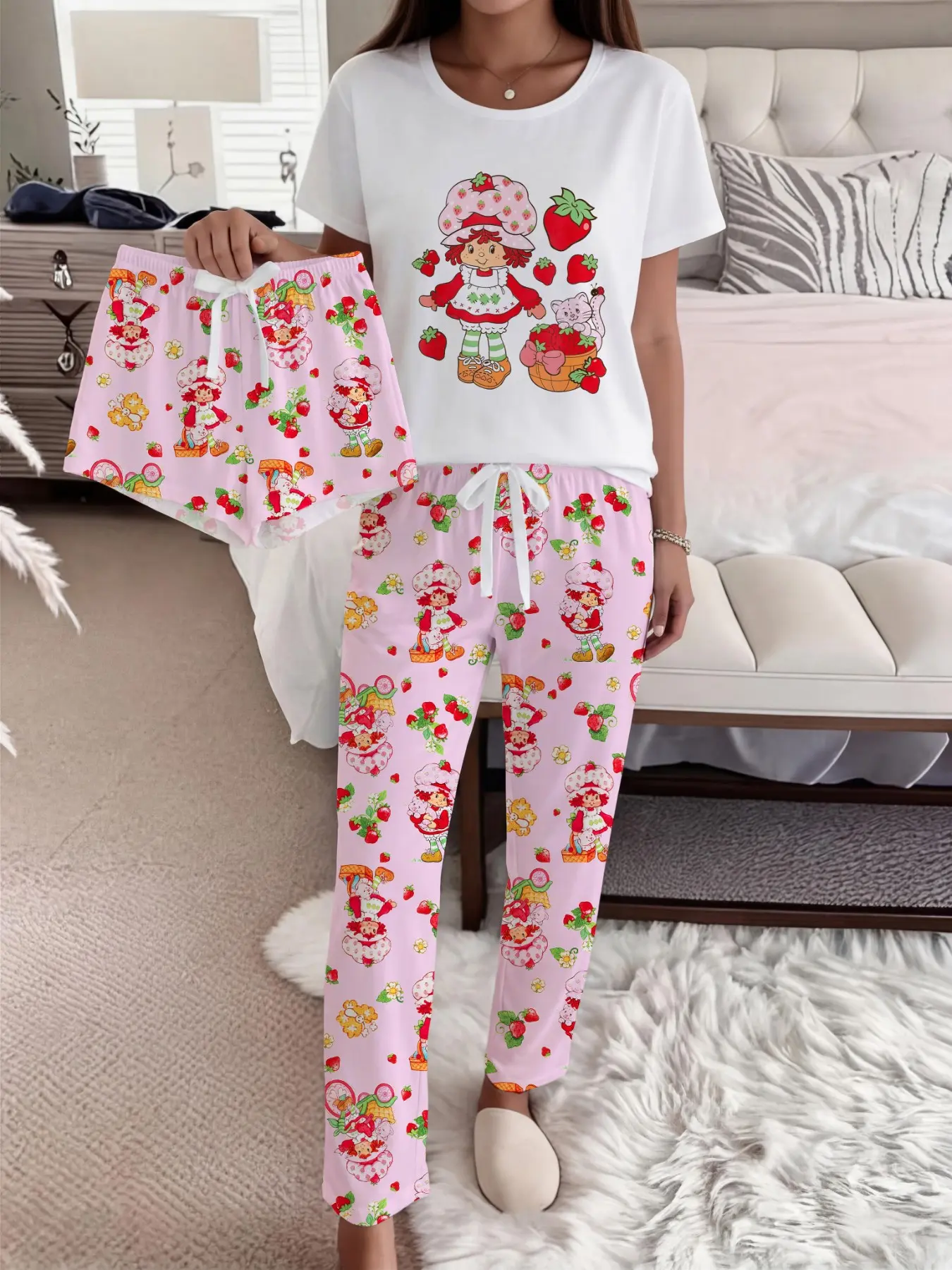 Strawberry Sweetheart Strawberry Shortcake Cute Fitted Sleepwear Loungewear Pajama Set for Women, Three-Piece Including Shorts & Long Pants, Comfortable Everyday Homewear, Nightwear Pajamas, Nightwear Sleepwear, Pjs, Pyjamas