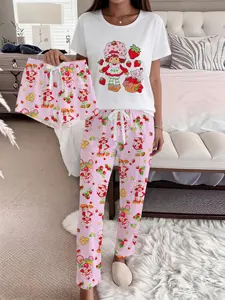 Strawberry Sweetheart Strawberry Shortcake Cute Sleepwear Pajama Set for Women, Three-Piece Including Shorts & Long Pants, Comfortable Home Wear