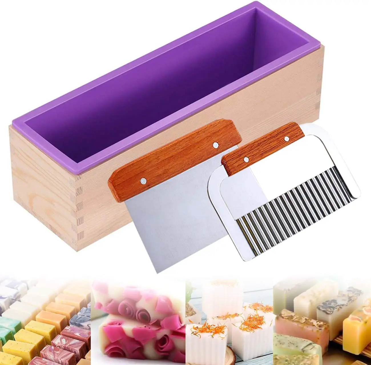 Purple Silicone Soap Molds Kit - 42 oz Wooden Rectangular Silicone Mold, Stainless Steel Wavy & Straight Scrapers for Beginners' Soap, Bread, Cakes, Muffin, Chocolate Making, No, Block Mold Moulds