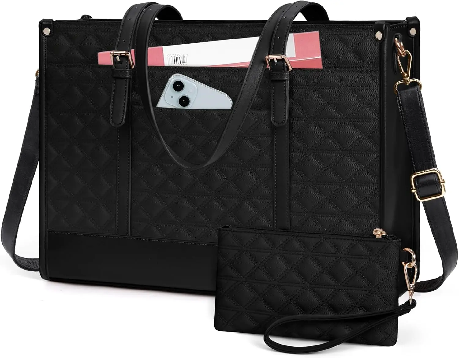 Laptop Bag for Women 15.6 Inch Vegan Leather Work Tote Bag Quilted Womens Briefcase Designer Laptop Bags for Office Teacher College Cute Computer Bag with Clutch Purse Professional Black