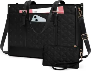 Laptop Bag for Women 15.6 Inch Vegan Leather Work Tote Bag Quilted Womens Briefcase Designer Laptop Bags for Office Teacher College Cute Computer Bag with Clutch Purse Professional Black