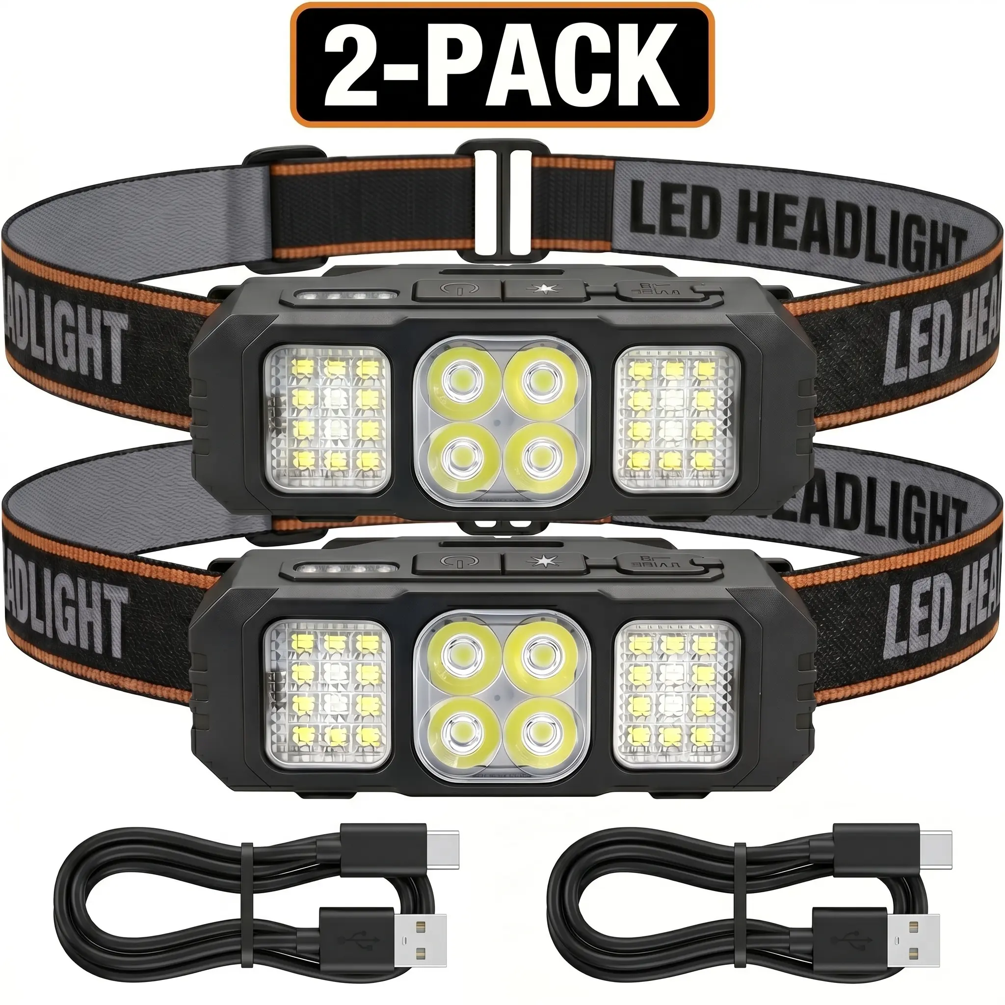2Pack Ultra-Lightweight LED Headlamp 600 Lumens, USB-C Rechargeable Wearable Light with Red Light Mode, No Bounce Hands-Free Headlight for Running, Dog Walking, Camping & Night Fishing