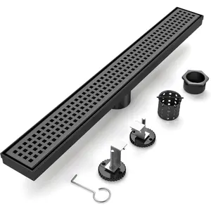 24-Inch Matte Black Linear Shower Drain, 304 Stainless Steel Long Linear Drain with Quadrato  Grate, Rectangle Shower Floor Drain with Adjustable , Hair Strainer, Fits Bathroom, Balcony