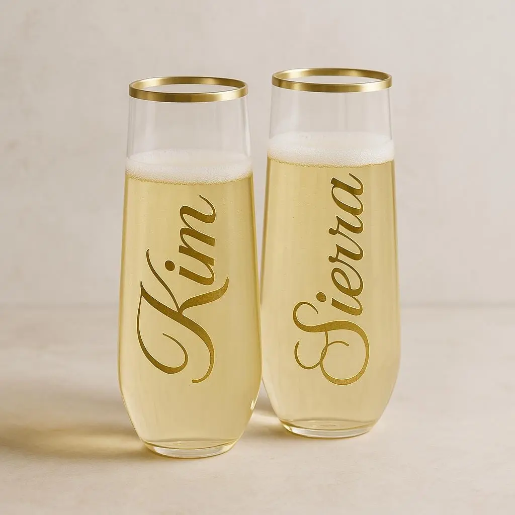 Personalized Stemless Champagne Flutes Gold Rim Custom Name Plastic Glasses Bachelorette Wedding Bridal Shower Christmas Party Favor Gift