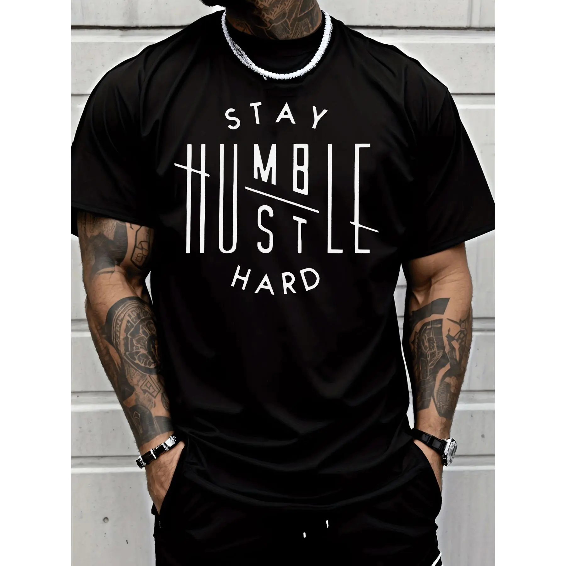 Classic Street Style Stay Humble Hustle Hard Letter Print T Shirt Men's Fashion Casual Trendy Adults Men Daily Wear Short Sleeve Tee