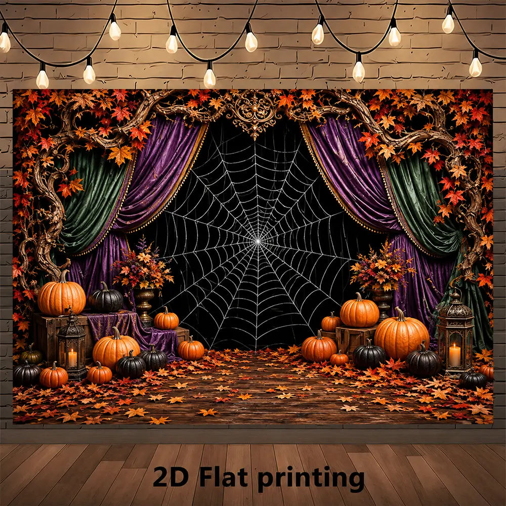 Halloween Spider Web Backdrop, Pumpkin Autumn Curtain Gothic Arch Photography Background for Party Photo Booth Studio Decoration