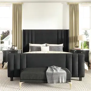 Bed Frame, Velvet Upholstered Platform Bed With Vertical Channel Tufted Headboard & Footboard/Wingback, Mattress Foundation With Wood Slats, No Box Spring Needed