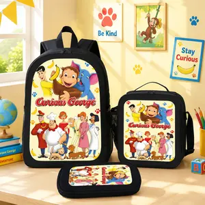 3pcs Curious George Monkey Cartoon Backpack Set Girls Boys School Bag Laptop Backpack Lunch Bag Pencil Pouch Kids Teen Backpack Large Capacity Durable Unisex Travel Backpack Back To School Gift Summer Essentials