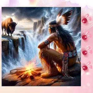 5D DIY Full Drill Round Diamond Painting - Diamond Art Painting Kit Waterfall, Campfire, Bison Mosaic, Canvas - DIY Decorative Painting, Home Wall Decor, Suitable for Halloween and Christmas, Birthday and Anniversary Gifts