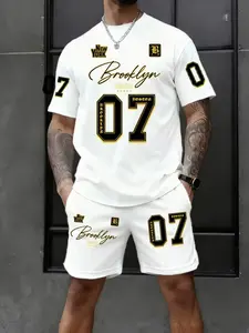 Men's 3D Digital Printed Short Sleeve T-Shirt Set, Casual Loose Fit Summer, All over Print Pattern, Matching 2 Piece Set