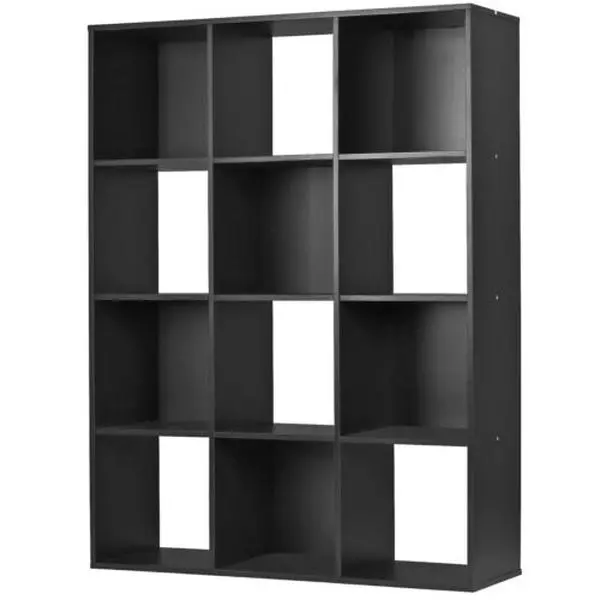 Black 12-Cube PB Panel Bookshelf - Home Supplies 1x12-Cube Cabinet, Large Organizer Shelves for Bedroom, Modern Multi-Use Home Office Decor, Easy Installation with Manual, Each Shelf Weight Capacity: 33lbs