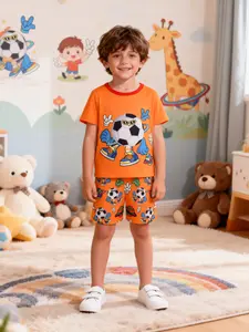 Boys' Short Sleeve Pajama Set, Football Print, Playful Designs, Casual Style, Fitted, Home & Outdoors, Fashionable Sleepwear for Kids
