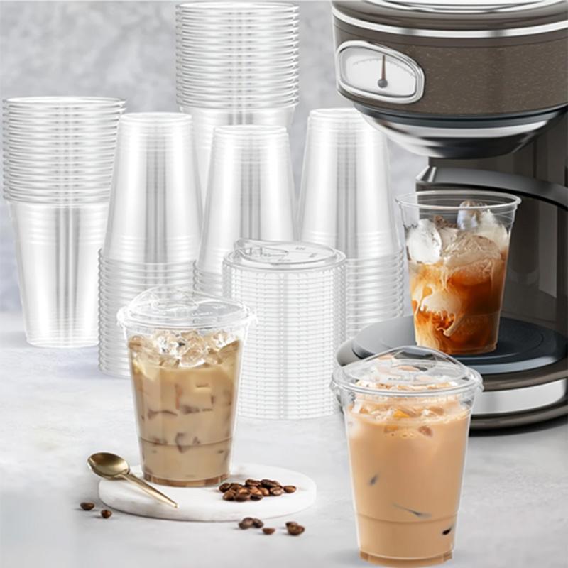 Disposable Cold Cups with Sip Lid, Food Grade Biodegradable PET Cups, Leak Proof Iced Drink Cups for Coffee Milk Tea Shop – For Café  Tea Home Party Gift