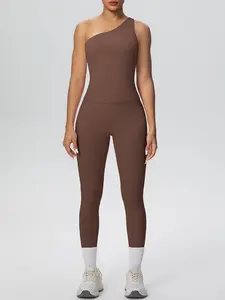 Women's Sports Set Sloping Shoulder Vest Yoga Pants 2-Piece Set High Elasticity Basic Sportswear Single Shoulder Tank Top Tight Fit Pant Suit Stretchable Activewear Athletic Workout Clothing