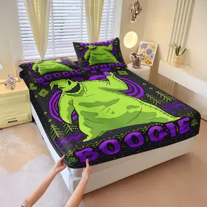 Green Plush Doll Style Fitted Sheet Set, 1 Fitted Sheet and 2 Pillowcases, No Filler Included. Features a dark background with the quirky dark-style image of Oogie Boogie, ideal for a fun gothic bedroom. Soft and skin-friendly bedding set.