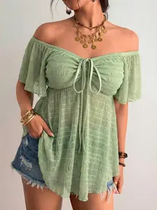 Plus Size Women's Solid Color Off-Shoulder Front Tie Short Sleeve Top
