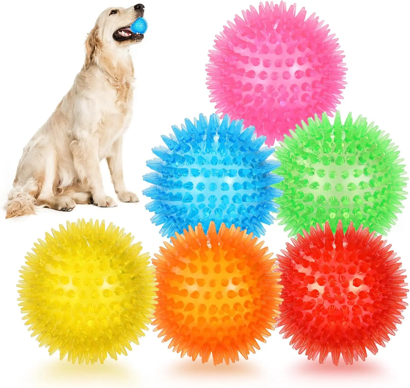 6-Pack 2.5-Inch Spiky Ball Toys for Small Dogs - Squeaky, Floating, Durable Interactive Fetch & Chew/Bone Toys for Puppy Teething Needs, Ball Toy