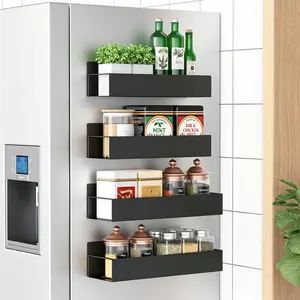 4 Pack Strong Magnetic Spice Rack Organizer - Black Metal Fridge Shelves, No Drill Kitchen Storage for Spices, Jars & Bottles, Space Saving Refrigerator Organizer