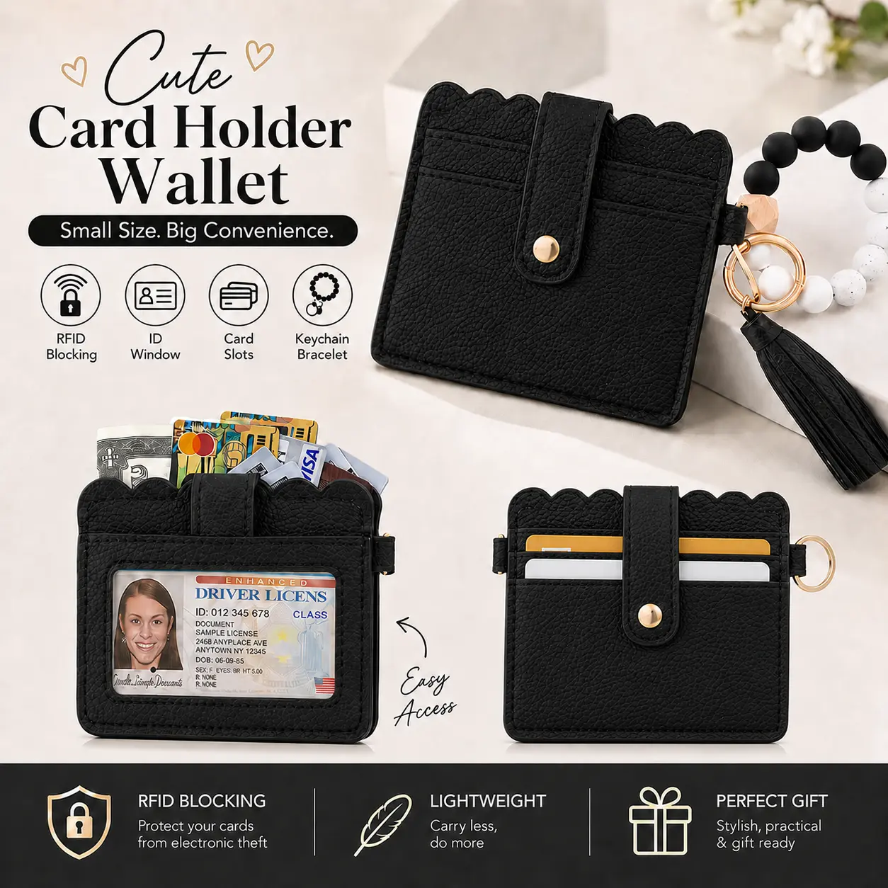 Cute RFID Blocking Wristlet Wallet for Women, Slim Credit Card Holder with Clear ID Window, Beaded Bracelet Keychain, Tassel & Snap Closure, Black