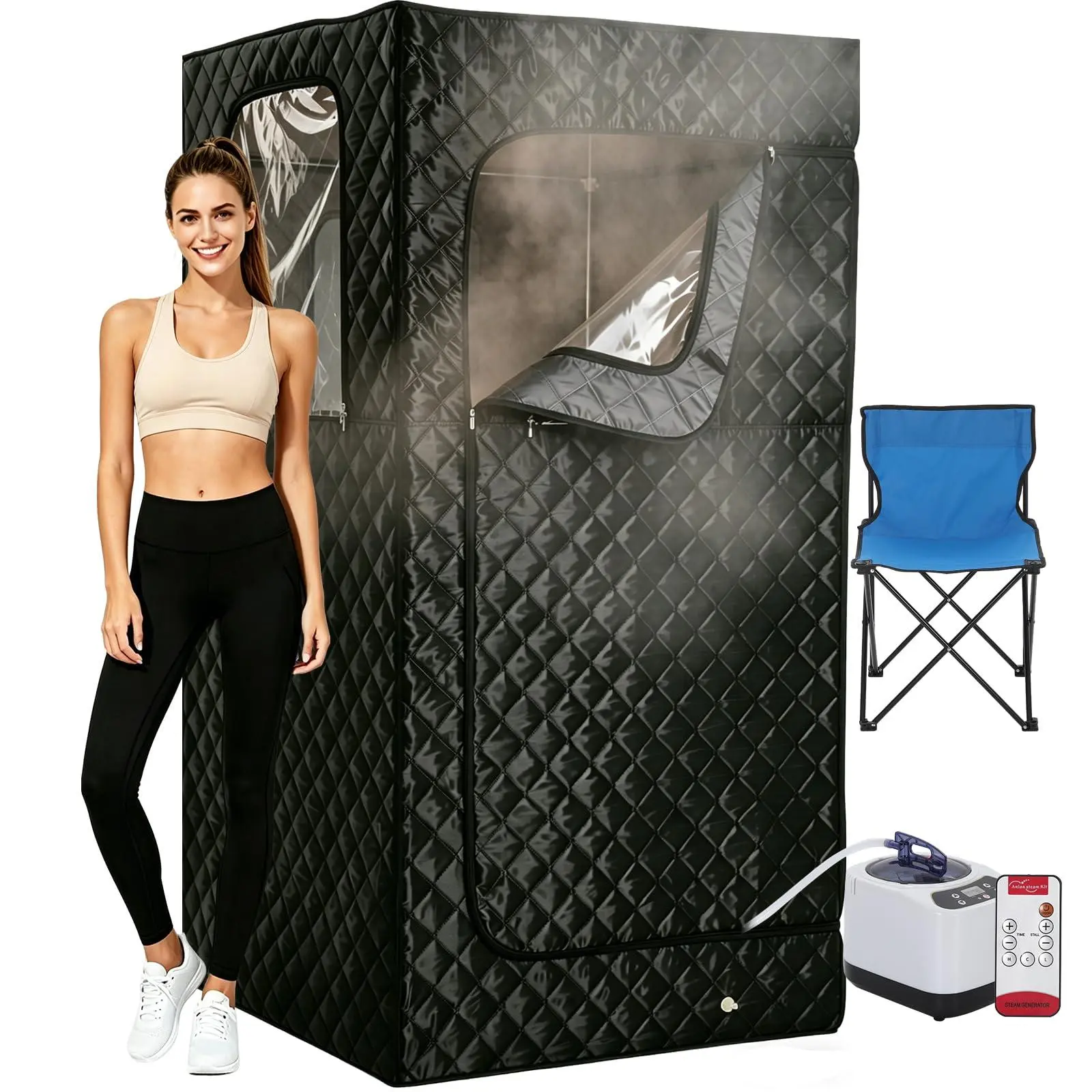Portable Single-User Home Sauna Box with 3L 1200W Steamer, Folding Chair, Remote Control, Square Frame, Fabric Cover, 9 Temp Levels, 99 Min Timer, 35"x35"x71", Black