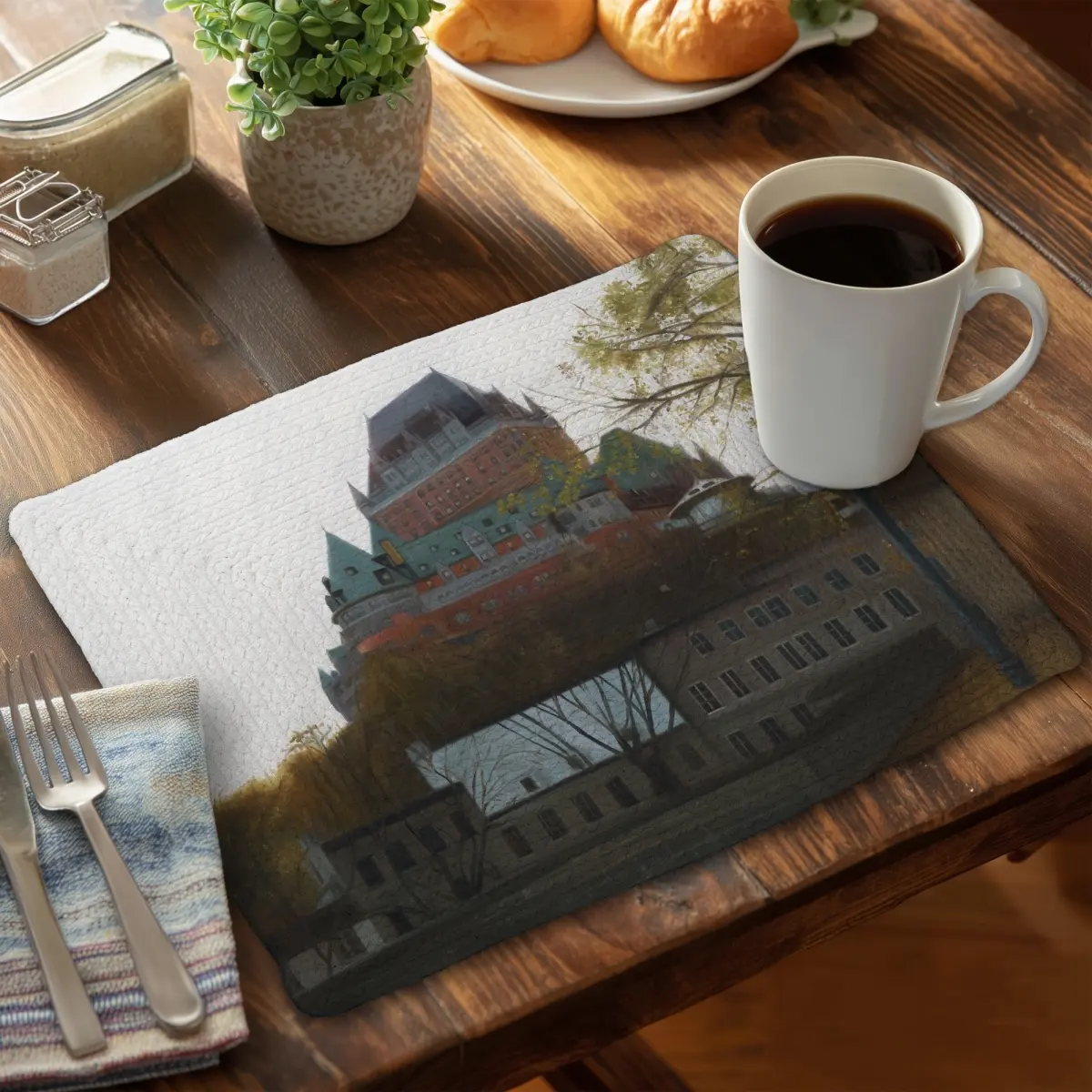 6-Piece Rustic Rectangular Polyester Placemats & Coasters Set, 14x18 in Le Chateau De Frontenac Autumn Design with Vibrant Hues of Fall Foliage, Durable Easy-Clean Tableware for Home Decor Enthusiasts
