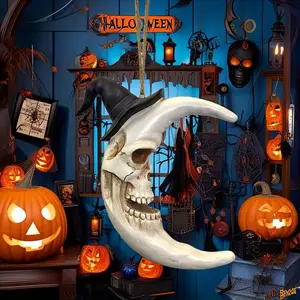 Horror Skull Head Witch Hat Moon Resin Hanging Set, Perfect for Halloween Parties, Haunted House Escape Room, Spooky Entrance Display