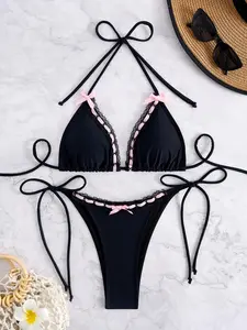 Two-Piece Set Women's Bow Decor Lace Up Bikini Set, Halter Bikini, Solid Tie Shoulder Swim Top & Swim Bottom, Ladies Swimsuit for Beach Holiday Vacation, Tie Back Bikini
