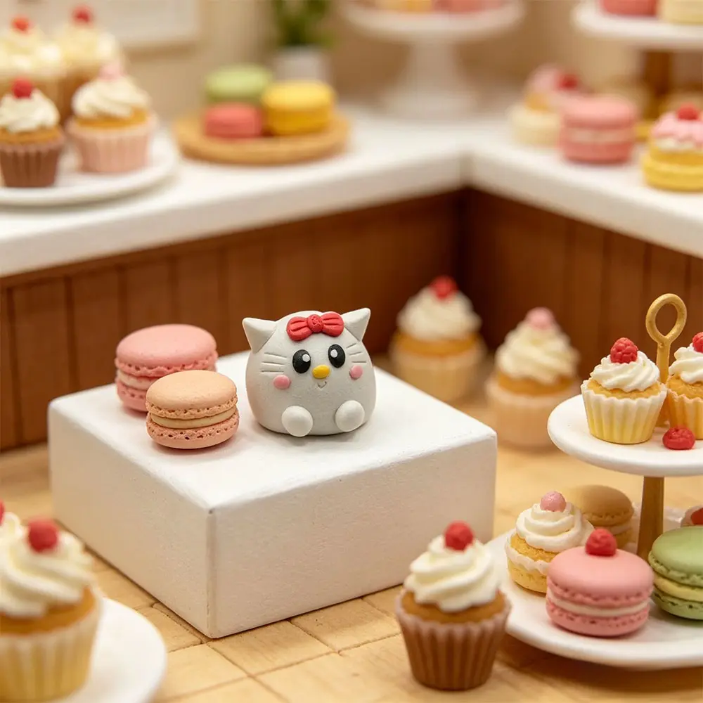 Hello Kitty Dessert Shop Miniature Figurine Set, Cute Macaron & Cupcake Resin Ornaments, Kawaii Desktop Decor, Creative DIY Dollhouse Accessories, Sweet Gift for Girls, Miniature Photography Props, Healing Qualities