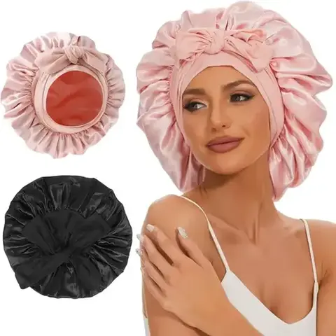 Women's 2026 Basic Adjustable Double-Layer Silk Satin Bonnet - Stretch, Skin-Friendly Breathable Fabric, Heatless Curl Tool, Decorative Sleep Bonnet Hat, Haircare Accessory, Pink