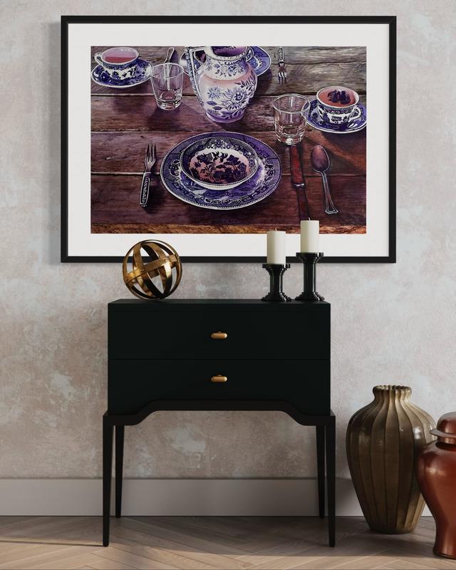 The Table Is Set Watercolor Painting - Framed Artwork Featuring a Wooden Table with Blue and White Dishes and Utensils
