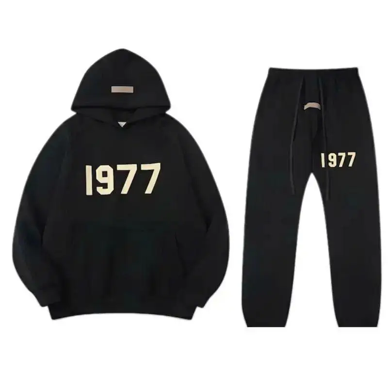 1977 Black Hoodie & Jogger Pants Set, Unisex Oversized Streetwear Tracksuit, Pullover Sweatshirt and Sweatpants 2 Piece Outfit, Casual Lounge Set for Men Women