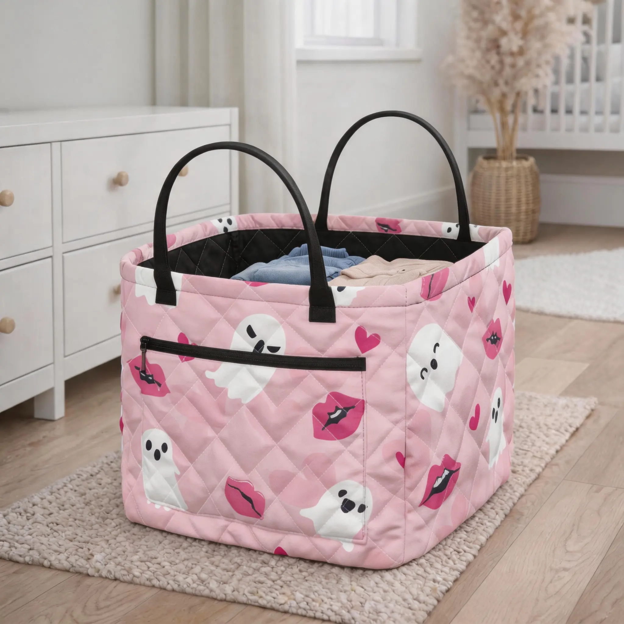 Pink Halloween Quilted Storage Organizer Basket - Spooky Ghost-Heart Print Fabric Bin, Collapsible Multi-Purpose Tote for Clothes, Toys, Bedroom Home Decor