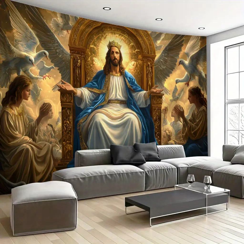 Large Modern Christian Jesus Christ King of Kings Tapestry - Heavy-Duty Polyester Wall Hanging, White Throne, Heavenly Beings, Golden Background, Ideal for Church, Home Faith-Based Gift Decor