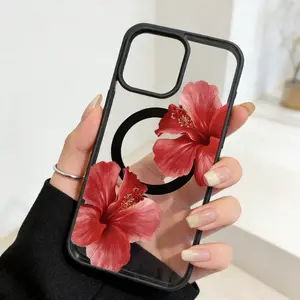 Hibiscus Eternal Growth Pattern Magnetic Phone Case Supports Wireless Charging for iPhone 17 15 16 14 Pro Max 13 12 11 XR XS  Air  Plus  Shockproof Non Slip Protection Silicone Transparent Acrylic Cover Cellphone Protective