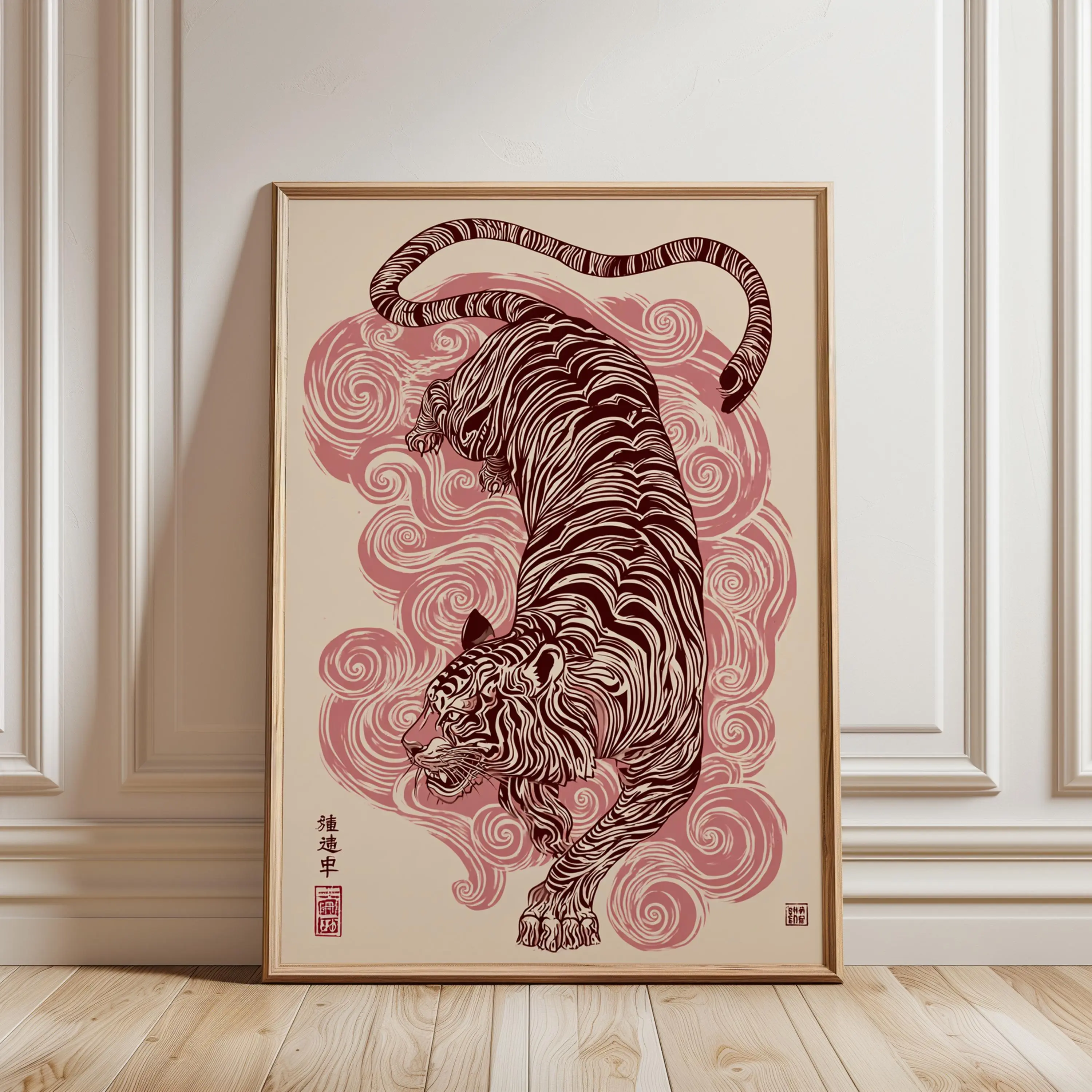 [UNFRAMED] Japanese Tiger Print, Stylized Swirl Illustration Poster