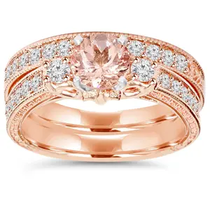 1 1/2CT Vintage Diamond & Morganite Engagement Wedding Ring Set 14K Rose Gold