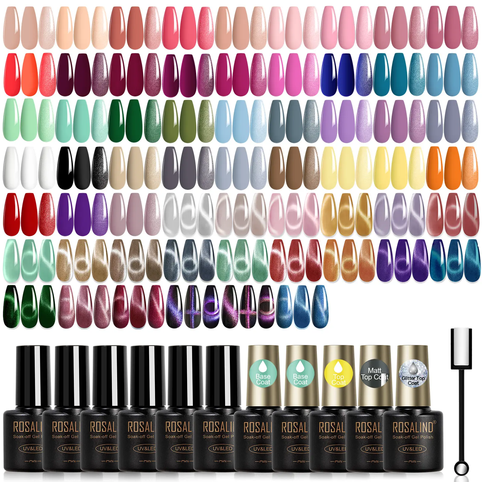 ROSALIND 65 Pcs Gel Nail Polish Set 60 Vibrant Color Gel Polish With Magnetic Cat Eye Gel Base Coat And Glossy Matt Glitter Top Coat Nail Polish Gel Set DIY Manicure Nail Art Salon at Home
