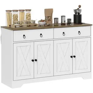 Farmhouse Buffet Table 29.5 Inch Tall 2 Large Drawers and Double Door Cabinets Adjustable Shelves for Coffee Corner or Utility Room White