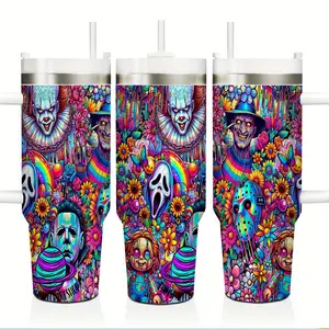 Classic Horror Movie Villains 40oz Insulated Travel Tumbler Stainless Steel Mug with Handle and Straw Leak Proof Vacuum Thermal Cup Keeps Drinks Hot 12H Cold 24H Fan Gift