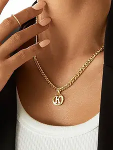 Luxury 14K Gold Cuba Chain Alphabet Necklace, Titanium Steel Round Hollowed A-Z Alphabet Pendant, Hypoallergenic, Fade-Resistant Ideal Birthday, Anniversary Gift, Daily Casual Party Accessory # Perfect Gift for Him/Her