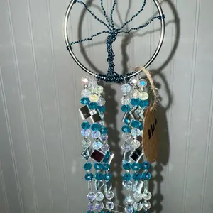 Handcrafted Blue Sun Catcher with Beaded Design and Circular Frame for Home Decor