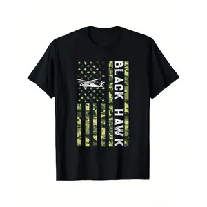 [100% Cotton] 100% Cotton Men'S Plus Size Black Hawk T-Shirt, Camouflage American Flag Design with Helicopter Silhouette, Military Aviation Style Short Sleeve Tee, Casual Loose Fit Summer Tops for Men