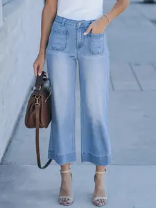 Mid-Rise Wide-Leg Cropped Jeans with Front Pockets – Casual Chic Denim for Women