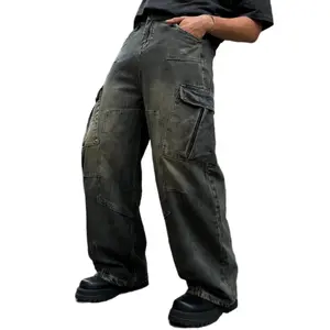 Men's Vintage Washed Workwear Denim Pants, Multi-Pocket Loose Fit Hip Hop Street Jeans for Skateboarding Casual Daily Wear
