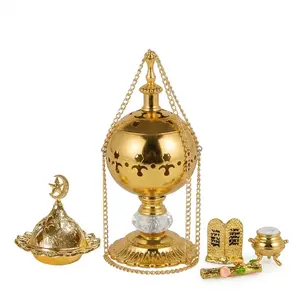 Elegant Middle Eastern Incense Burner Gift Set Hanging Golden Censer Crescent Moon Trinket Box with Traditional Miniatures Arabic Style Home Décor Spiritual Keepsake
