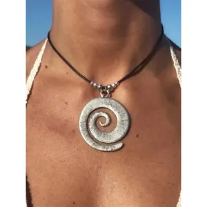 Women's Vintage Spiral Design Pendant Necklace with Leather Cord | Boho Chic Mexican Statement Jewelry