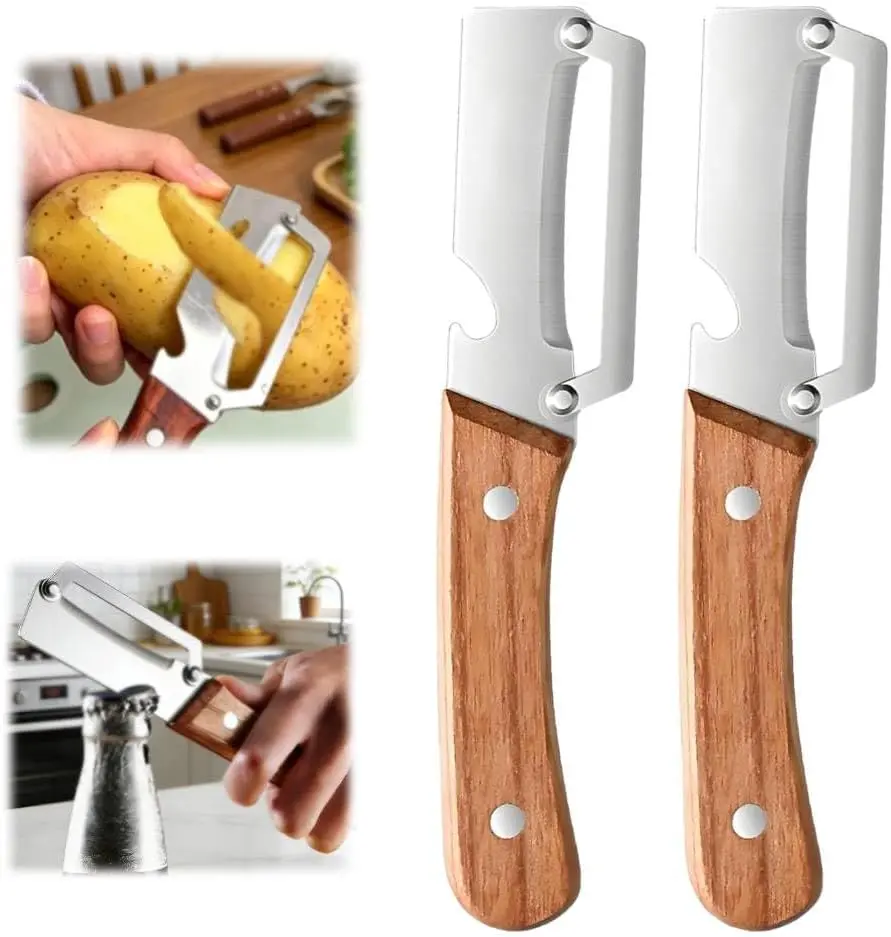 Multi-Functional Vegetable Peeler fo Kitchen: 2 in 1 Stainless Steel Peeler with Wooden Handle and Bottle Opener - Peelers for Potato Pumpkin Papaya Wooden-Handled Vegetable & Fruit Peeler - Stainless Steel Blade with Built-In Bottle Opener 1 pcs