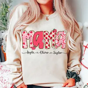 Custom Name, Cute Strawberry Floral Mama with kids names Shirt, Preppy Mama Strawberry Glitter Shirt, Made to Last, Durable